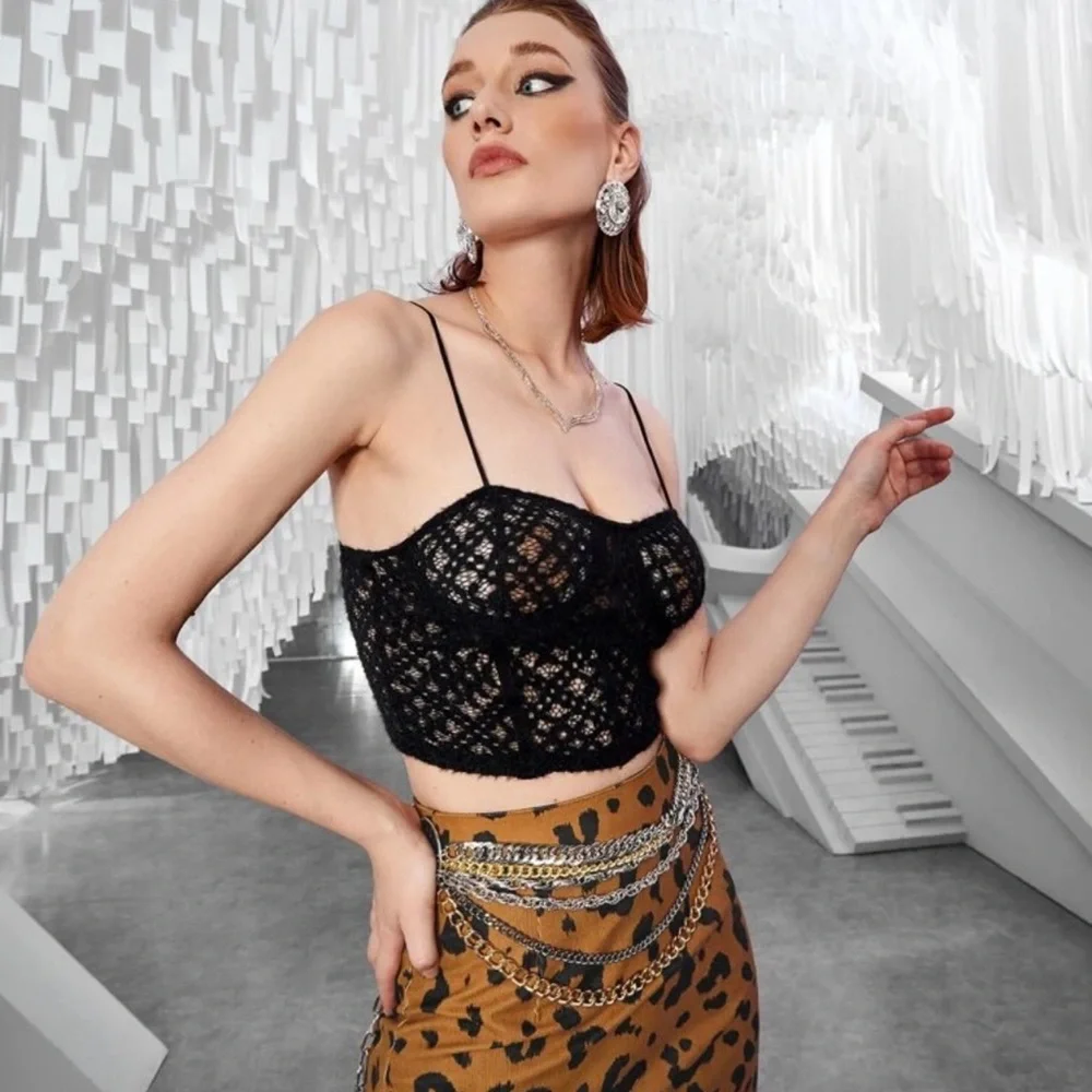 New Solid Black Bustier Soft Lace Cami Spaghetti Strap Tank Top - Picture 5 of 13